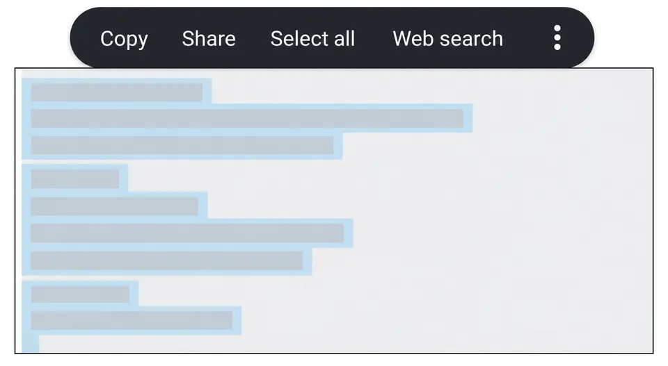 Android text selection toolbar showing Copy and Select all over anonymous trip text